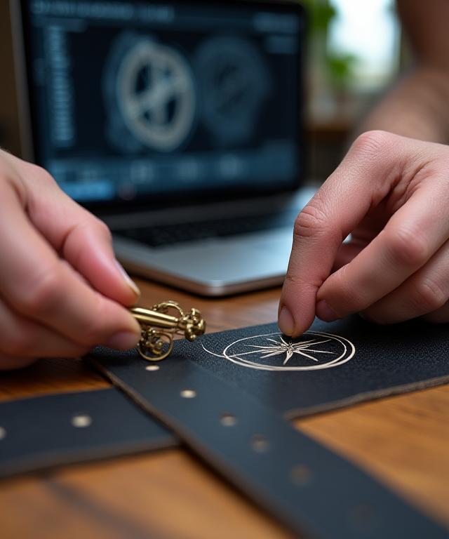 A designer using a compass and CAD software to draft a belt buckle
